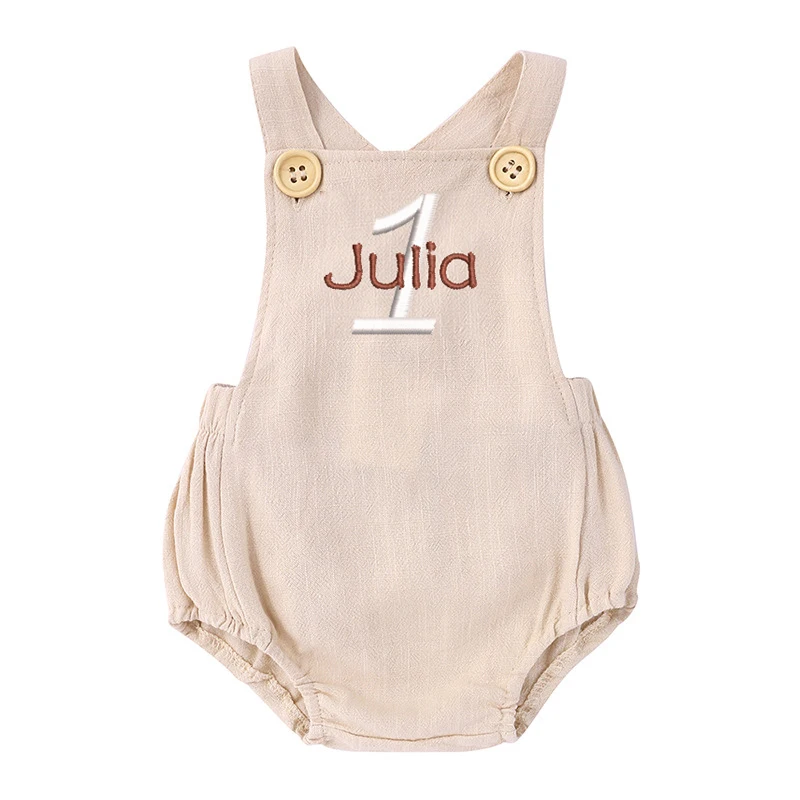 Baby Summer Linen Sleeveless Jumpsuit - 이름 수 놓은 1 생일 Romper