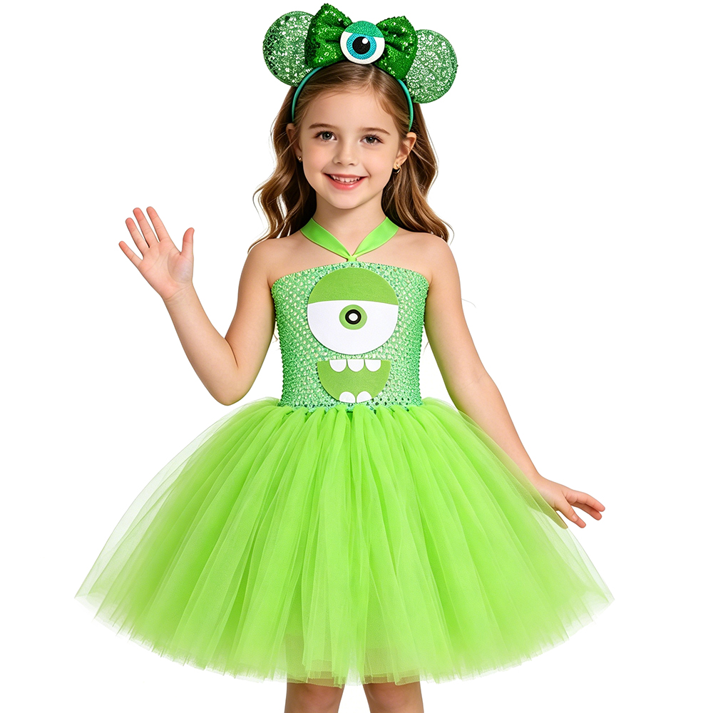 마이크 와조스키 몬스터 의상 소녀용 녹색 큰 눈 만화  - Toddler Girl Tulle Party Dress 리뷰 및 가격