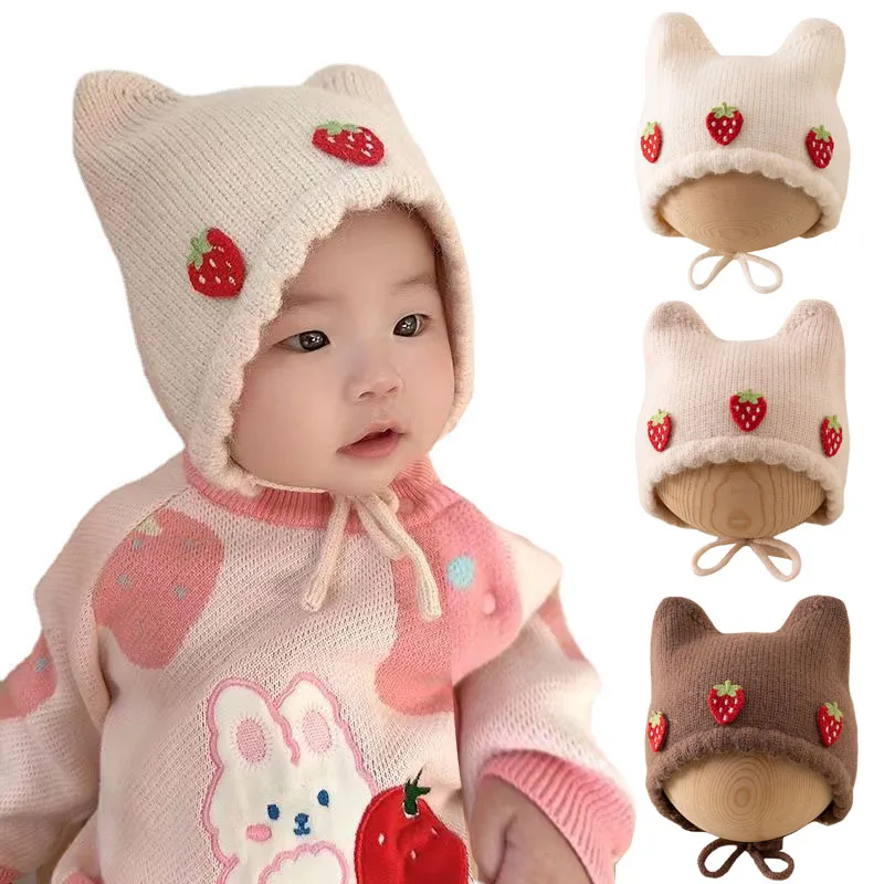 새로운 가을 겨울 아기 ​​소녀 모자 귀여운 딸기 귀  - Infant Beanie Hat With Ears 리뷰 및 가격