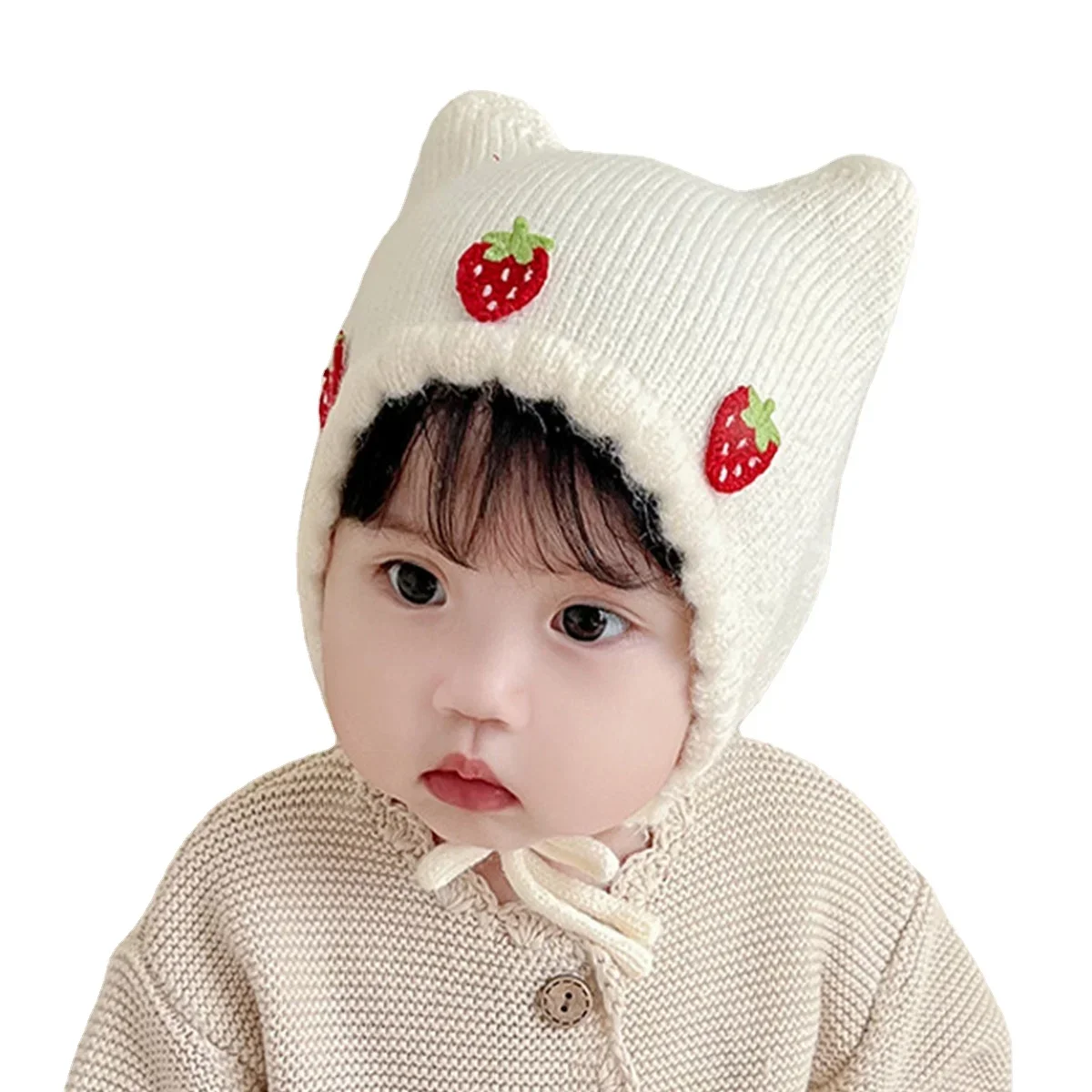 새로운 가을 겨울 아기 ​​소녀 모자 귀여운 딸기 귀  - Infant Beanie Hat With Ears 리뷰 및 가격