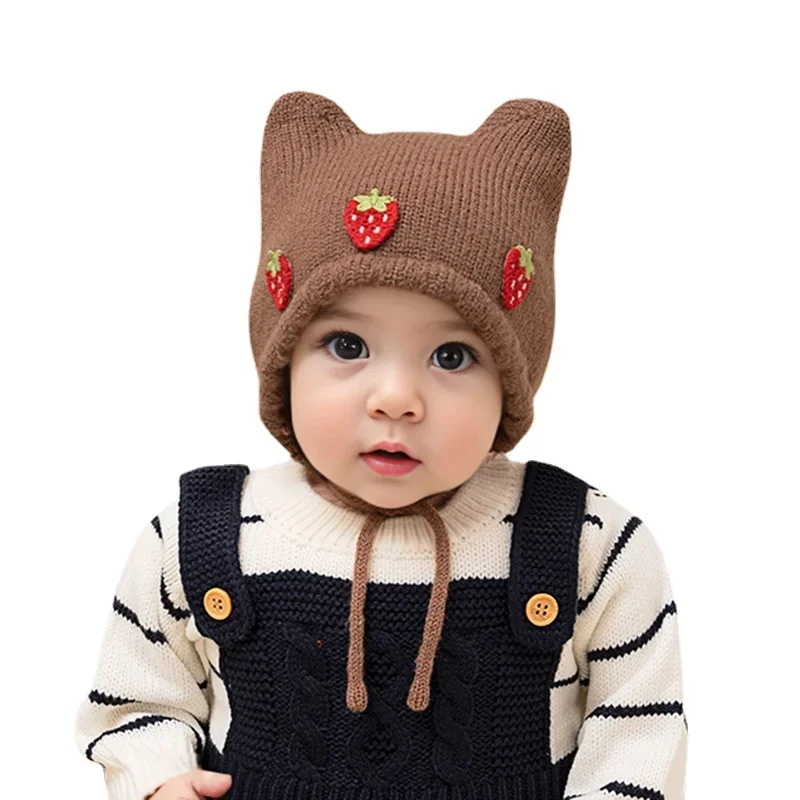 새로운 가을 겨울 아기 ​​소녀 모자 귀여운 딸기 귀  - Infant Beanie Hat With Ears 리뷰 및 가격